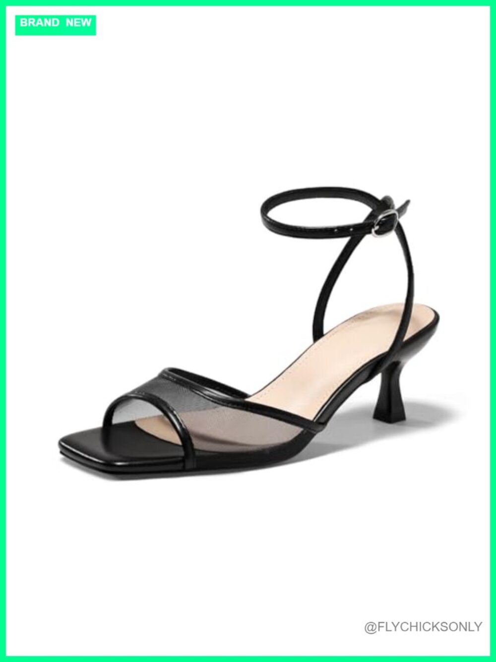 Kitten Low Heels Strappy Sandals Mesh Square Open Toe Buckle Ankle Strap